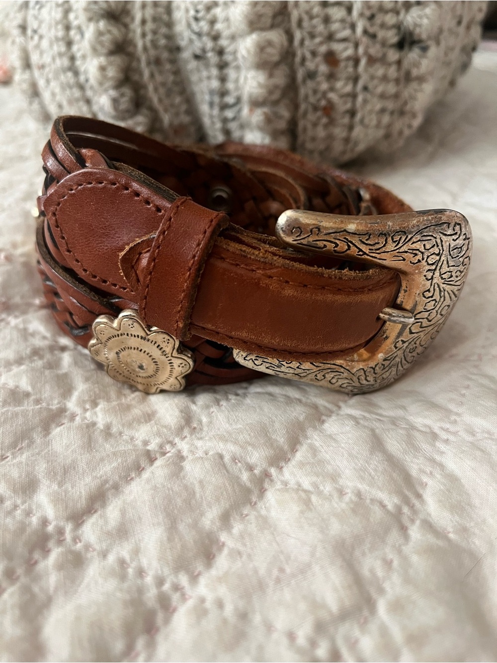 Fossil Brown Braided Leather Belt with Engraved Silver Buckle
